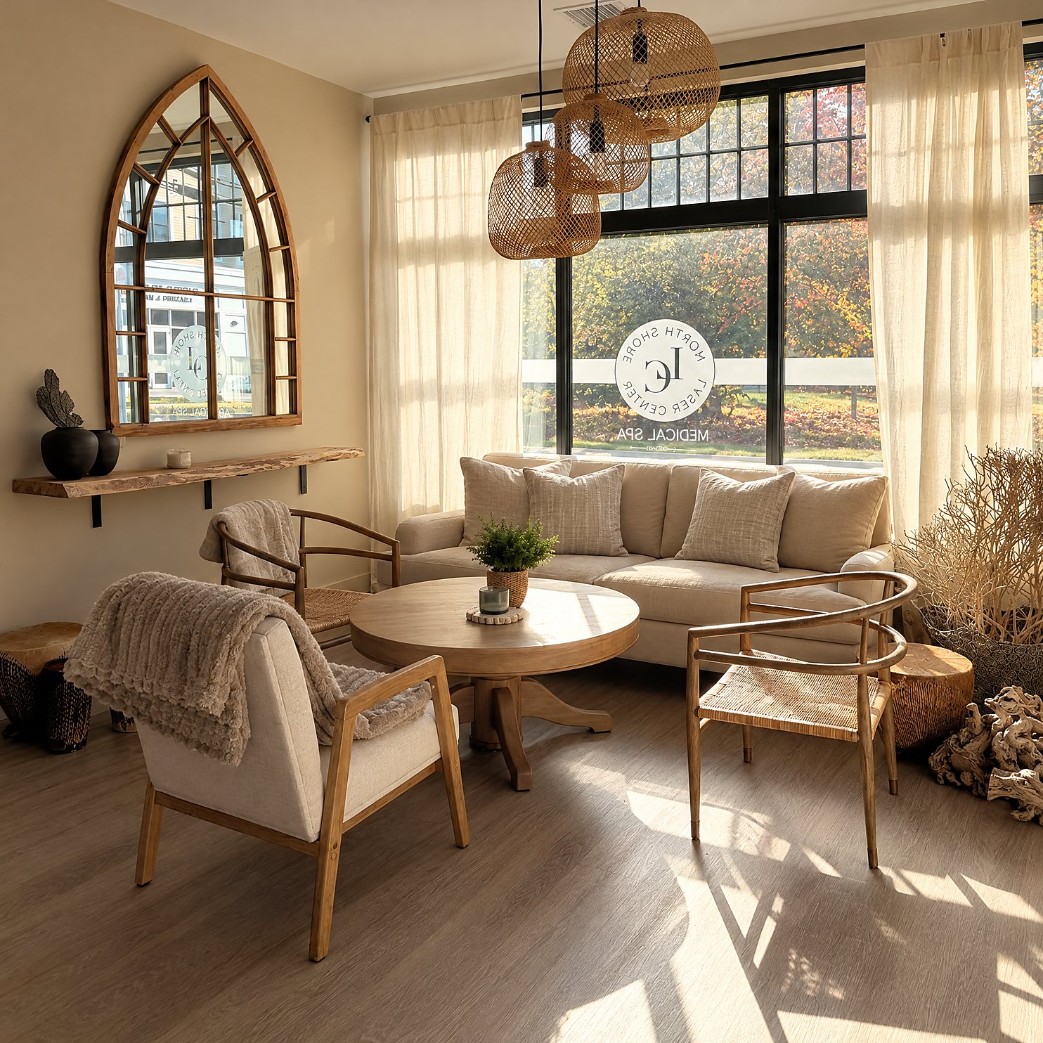 The front lounge at North Shore Laser Center in Salem: a linen sofa, a round wooden table and chairs in afternoon sun, an arched mirror and the logo on the window