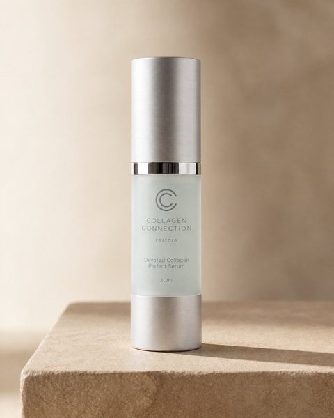 Devoted Collagen Perfect Serum, 30 ml frosted pump bottle with a silver cap on travertine stone